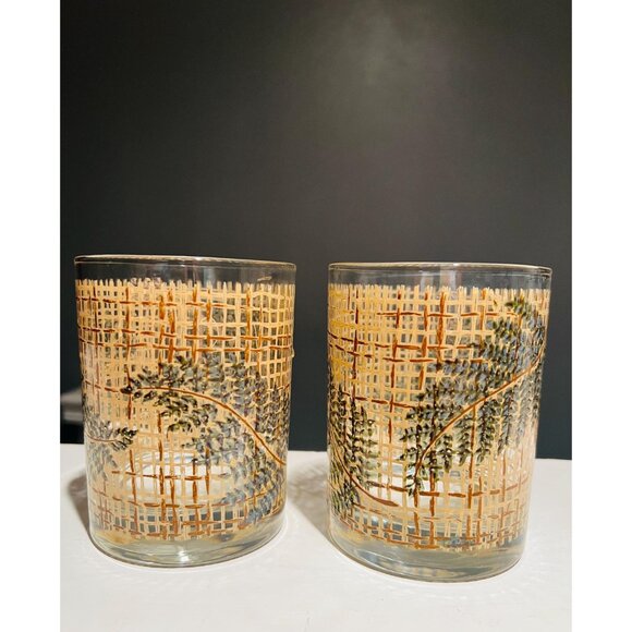 Vintage MCM Gold Lattice Fern Glasses|2 Highball Tumblers|1960s MCM Barware - Picture 2 of 3